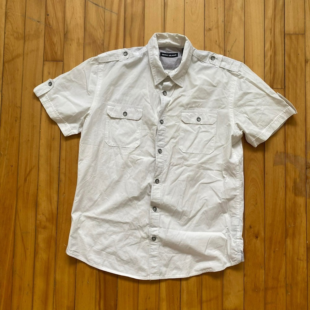 DKNY Jeans Mens White Short Sleeve Button Up Shirt Size Medium Utility Pockets
